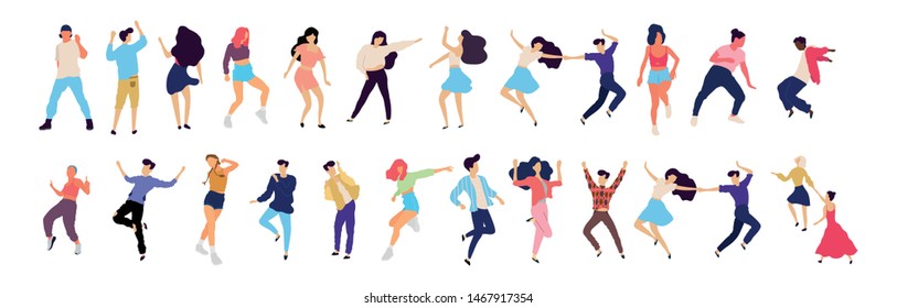 Crowd of young people dancing at club. Big set of characters having fun at party. Flat colorful vector illustration. - Vector