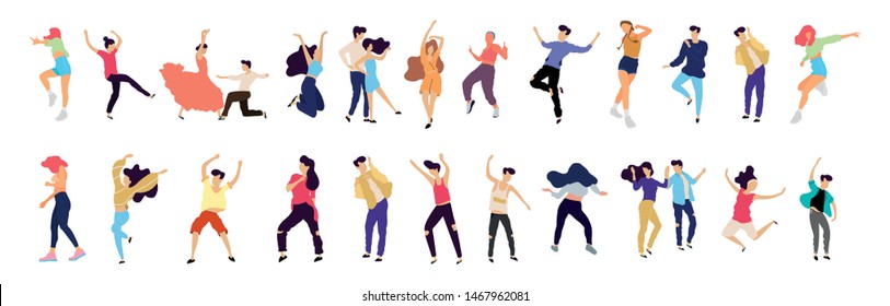 Crowd of young people dancing at club. Big set of characters having fun at party. Flat colorful vector illustration. - Vector