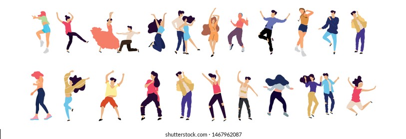 Crowd of young people dancing at club. Big set of characters having fun at party. Flat colorful vector illustration. - Vector