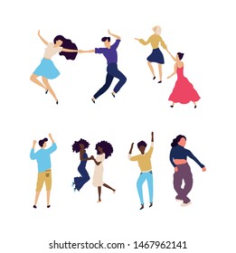 Crowd of young people dancing at club. Big set of characters having fun at party. Flat colorful vector illustration. - Vector