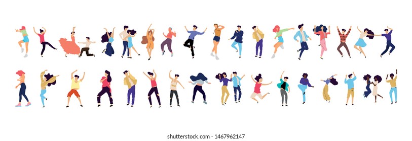 Crowd of young people dancing at club. Big set of characters having fun at party. Flat colorful vector illustration. - Vector