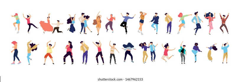 Crowd of young people dancing at club. Big set of characters having fun at party. Flat colorful vector illustration. - Vector