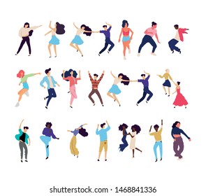 Crowd of young people dancing at club. Big set of characters having fun at party. Flat colorful vector illustration. - Vector