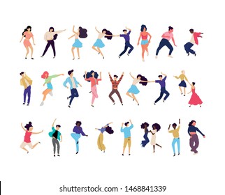 Crowd of young people dancing at club. Big set of characters having fun at party. Flat colorful vector illustration. - Vector