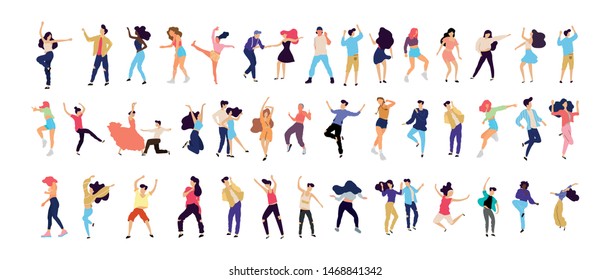 Crowd of young people dancing at club. Big set of characters having fun at party. Flat colorful vector illustration. - Vector