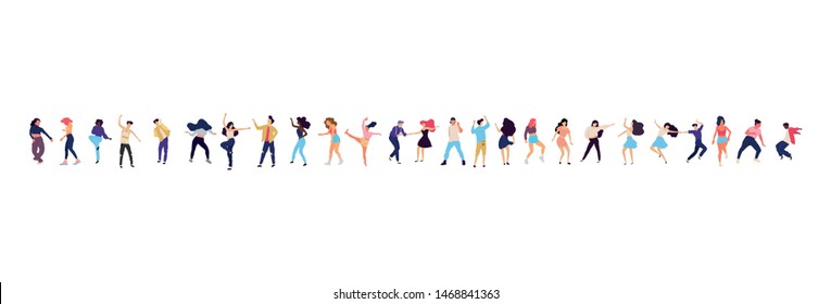 Crowd of young people dancing at club. Big set of characters having fun at party. Flat colorful vector illustration. - Vector