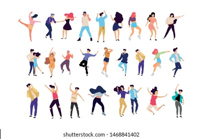 Crowd of young people dancing at club. Big set of characters having fun at party. Flat colorful vector illustration. - Vector