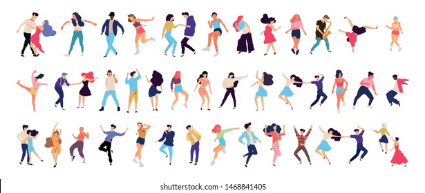 Crowd of young people dancing at club. Big set of characters having fun at party. Flat colorful vector illustration. - Vector