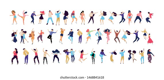 Crowd of young people dancing at club. Big set of characters having fun at party. Flat colorful vector illustration. - Vector