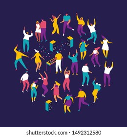 Crowd of young people  dancing at club or music concert. Large group of male and female cartoon characters having fun at party. Flat colorful vector charcters on dark background.