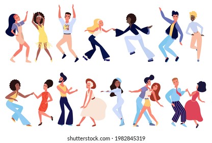 Crowd of young people dancing at club. Characters in stylish clothes having fun at club party set. Modern retro style vector illustration.