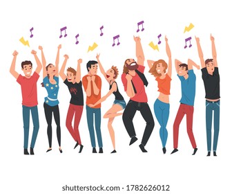 Crowd of Young People Dancing and Singing Along with Performers at Concert Vector Illustration