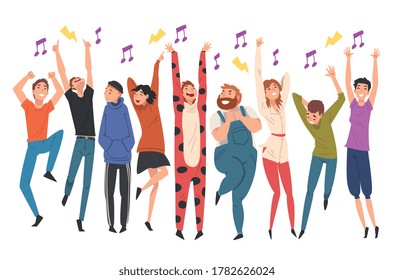 Eine Menge junger Menschen, die tanzen und singen, und die Künstler bei der Concert Vector Illustration
