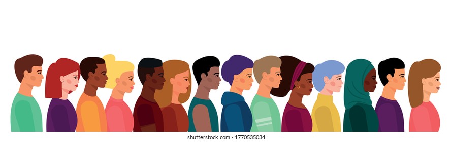 A crowd of young people, of different appearance, skin color, and hair. Diversity of nationalities. Boys and girls stand shoulder to shoulder in profile.