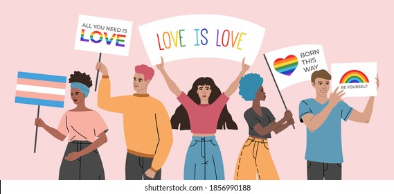 Crowd of young people holding posters, signs and flags with LGBT symbols and rainbows, group of gay, bisexual and lesbian, activism against discrimination. Vector illustration in flat cartoon style.