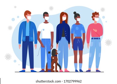 Crowd of young people in medical masks character flat vector illustration. Man, woman and dog stand together, use respirator to protect breath from covid 19 virus in air. Poster, banner, web