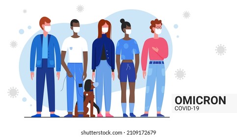 Crowd Of Young People In Medical Masks Character Flat Vector Illustration. Man, Woman And Dog Stand Together, Use Respirator To Protect Breath From Covid 19 Omicron Virus In Air