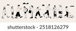 Crowd of young people, men and women, going about their business. Trendy vector illustration.