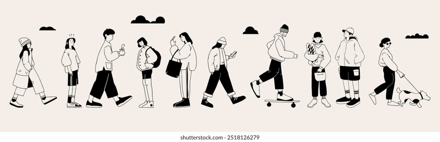 Crowd of young people, men and women, going about their business. Trendy vector illustration.