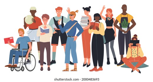 Crowd of young people, mixed community vector illustration. Cartoon happy girl boy friends characters standing together, social group of students, disabled person in wheelchair isolated on white
