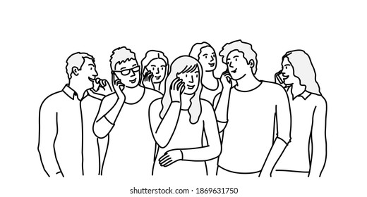 Crowd of young people with mobile phones. Hand drawn vector illustration.