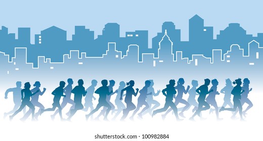 Crowd of young people running on a street. Sport vector illustration.