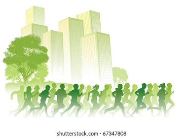 Crowd of young people running on a street. Sport vector illustration.