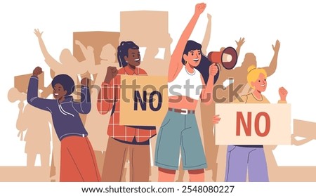 Crowd of young people students cartoon characters striking participating peaceful demonstration