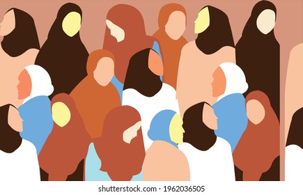 Crowd of young  and women in trendy hijab clothes. Diverse group of stylish people standing together. Society or population, social diversity. Flat cartoon vector illustration.