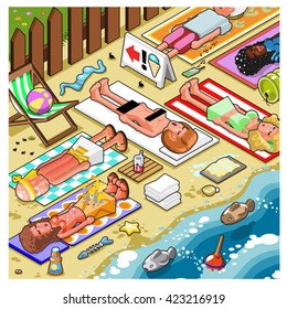 Crowded beach with lots of people lying in the sand close to the water (isometric illustration)