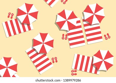 Crowded beach vector in aerial top view. Summer holiday illustration with sun beds and sand beach.