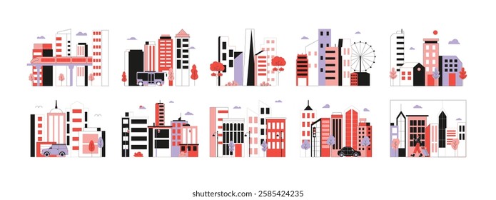 Crowded building view, various vehicles and city facilities, vector illustration.