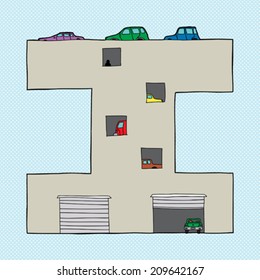 Crowded car parking garage in the shape of the letter "I"
