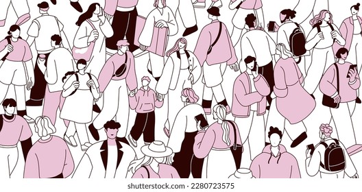 Crowded city, many people going on street. Pedestrians traffic at rush hour. Busy citizens swarm walking, hurrying on different businesses outdoor. Overpopulation concept. Flat vector illustration