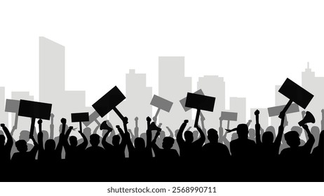 Crowded civil demonstration with protest boards in the city. Vector illustration about social issues with crowds of people holding placards and megaphone. People protests in front of skyline building