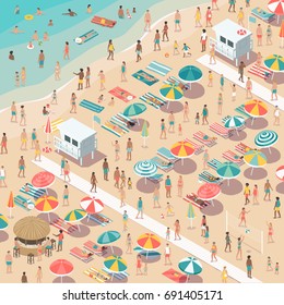 Crowded colorful beach with people, beach umbrellas and sunbeds, summer vacations and tourism concept, aerial view