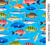 Crowded fish aquarium seamless pattern on colored background
