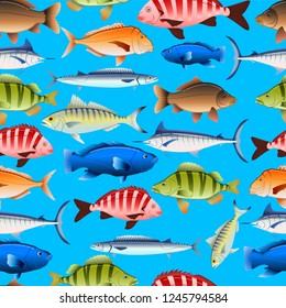 Crowded fish aquarium seamless pattern on colored background