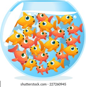 Crowded fishbowl full of fishes, with fifteen yellow and orange cute fishes vector illustration. 