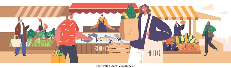 El Abundante Mercado De Alimentos Con Diversas Personas Comprando Productos Frescos. Los Propietarios De Tiendas Muestran Sus Guías, Los Personajes De Los Clientes Inspeccionan Los Bienes Y Los Proveedores Gritan Los Precios. Ilustración del vector de dibujos animados