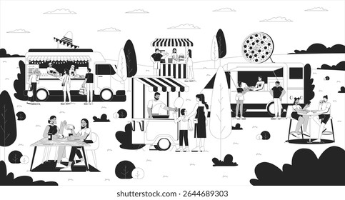 Caminhão de comida lotado com pessoas comendo ao ar livre ilustração linha. Vendedores de festivais culinários de fim de semana. Barracas de comida de rua fastfood 2D tinta caracteres lineares monocromáticos. Imagem vetorial de contorno plano