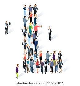 Crowded isometric people vector alphabet typeface capitals set.    Men and women various characters and professions. Letter L.