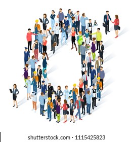 Crowded isometric people vector alphabet typeface capitals set.    Men and women various characters and professions. Letter O.