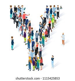 Crowded isometric people vector alphabet typeface capitals set.    Men and women various characters and professions. Letter Y.