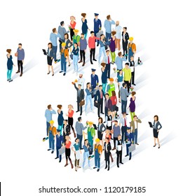 Crowded isometric people vector alphabet typeface numbers.    Men and women various characters and professions. Figure three.