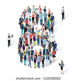 Crowded isometric people vector alphabet typeface numbers.    Men and women various characters and professions. Figure eight.