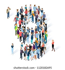 Crowded isometric people vector alphabet typeface numbers.    Men and women various characters and professions. Figure nine.