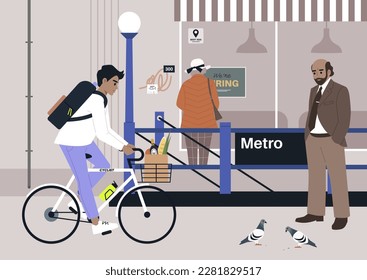 A crowded metro station entrance, urban scene with pigeons and graffiti, big city life