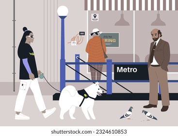 A crowded metro station entrance, urban scene with pigeons and graffiti, big city life