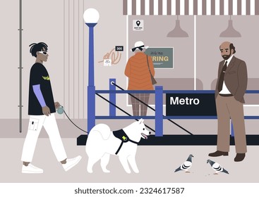 A crowded metro station entrance, urban scene with pigeons and graffiti, big city life